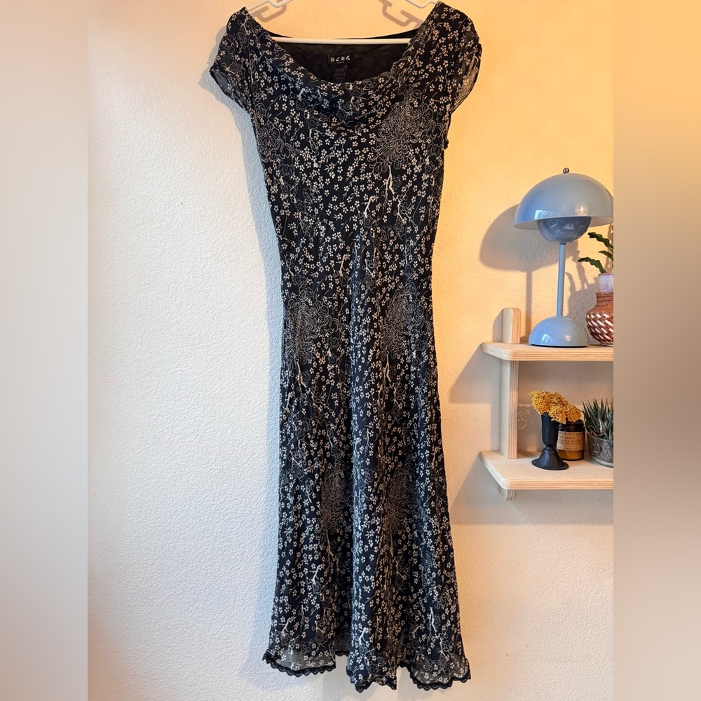 Vintage BCBG Paris Black and Tan Japanese Floral Print 90s Silk Maxi Dress